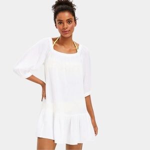 LOFT Square Neck Flounce Swing Dress Size S Cotton Muslin Mini White NEW